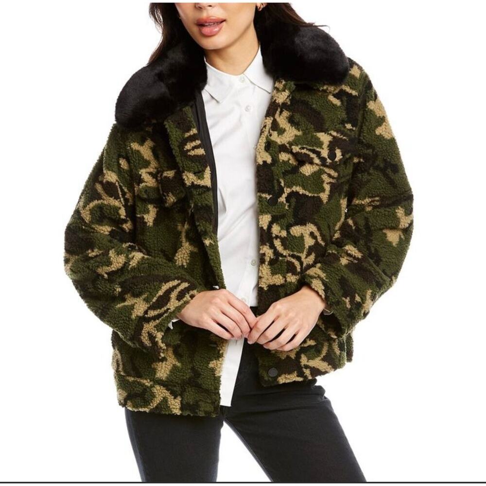 NEW Jocelyn‎ Womens S Sherpa Trucker Jacket Faux Fur Collar Camo Green Black